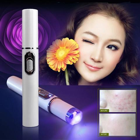 Beauty device with a woman's face and before-and-after skin comparison on a purple background