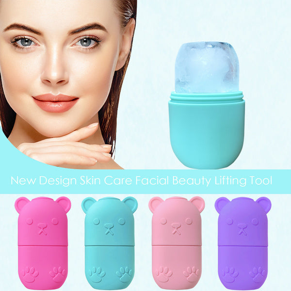 Collage of a woman's face with a skin care tool and four colorful bear-shaped containers.