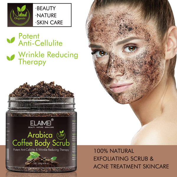 Elamei Arabica Coffee Body Scrub with a woman using it on her face, labeled as a natural skincare product.