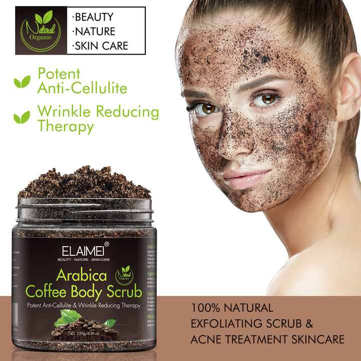 Elamei Arabica Coffee Body Scrub with a woman using it on her face, labeled as a natural skincare product.