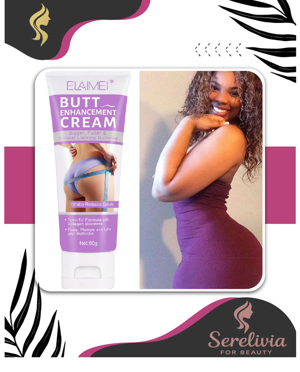 Butt enhancement cream packaging with a model and Serelivia branding