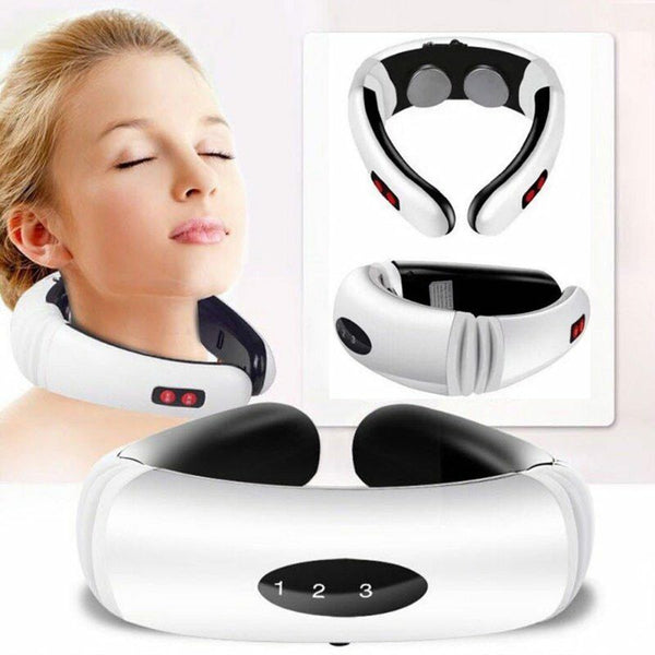 Neck and shoulder massager with close-up inset on a white background