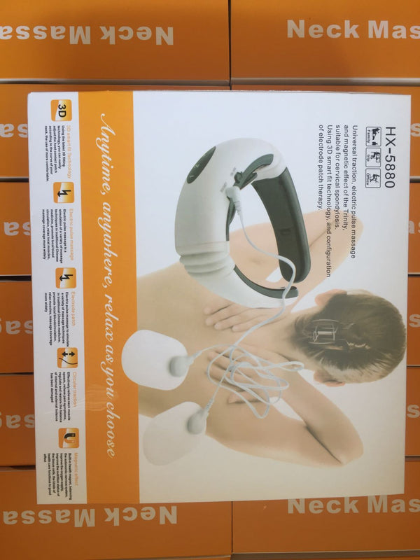 Product packaging for a neck massager with a person using it on an orange background