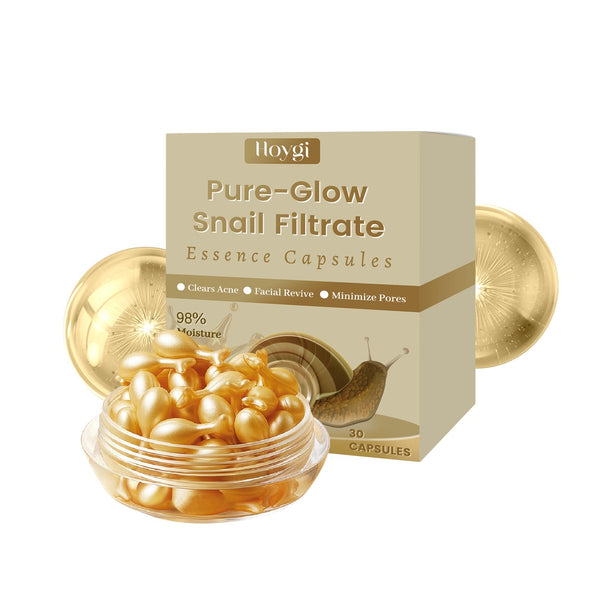 Hoygi Pure-Glow Snail Filtrate Essence Capsules packaging with gold capsules inside a clear container on a white background.