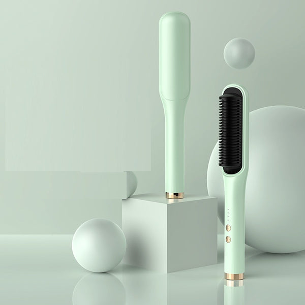 Mint green hair straightening brush with black bristle head on a light gray background