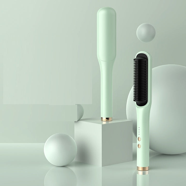 Mint green hair straightening brush with black bristle head on a light gray background