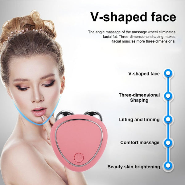 Woman using a pink facial massager with text on V-shaped face and beauty benefits.