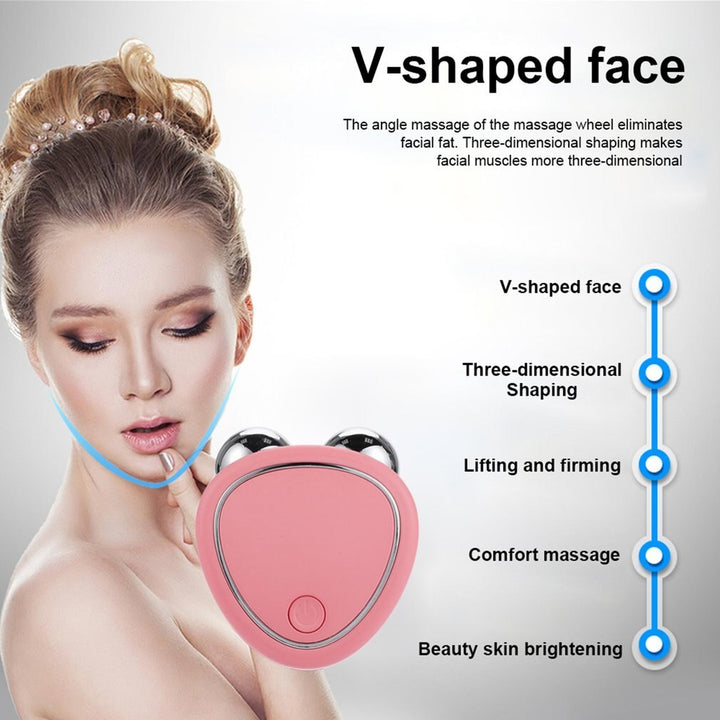 Woman using a pink facial massager with text on V-shaped face and beauty benefits.
