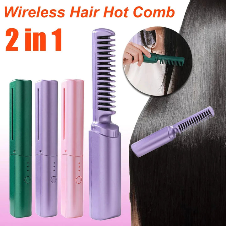 Wireless hair hot comb with three color options and a close-up of using it on hair.