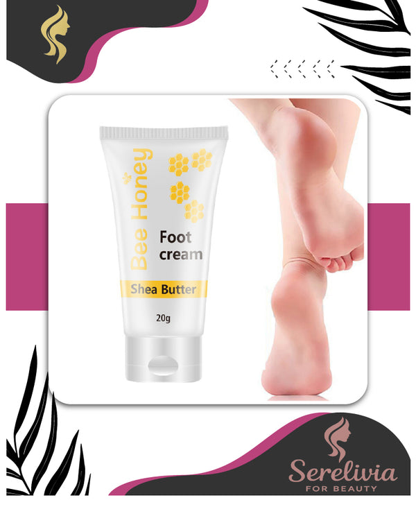 Foot cream packaging with a person's foot, branded as Serelivia, on a decorative background.