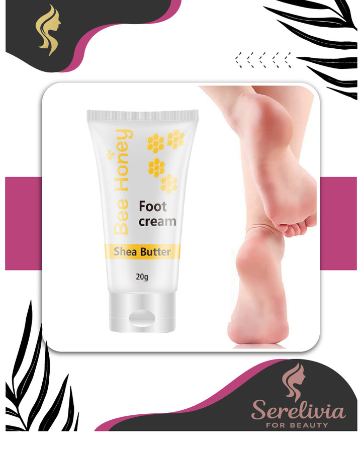 Foot cream packaging with a person's foot, branded as Serelivia, on a decorative background.