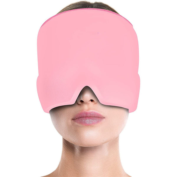 Person wearing a pink sleep mask on a white background