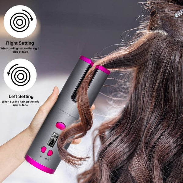Person using a hair curling iron with instructions on side-by-side settings.
