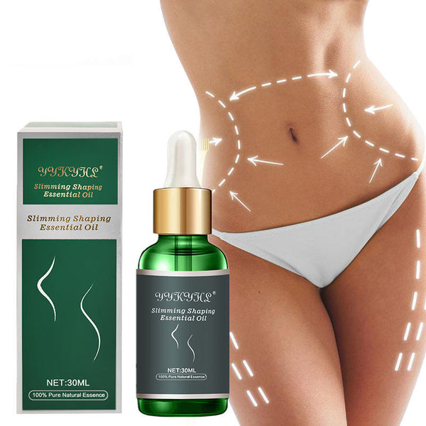 Slimming shaping essential oil bottle and packaging with a body silhouette background