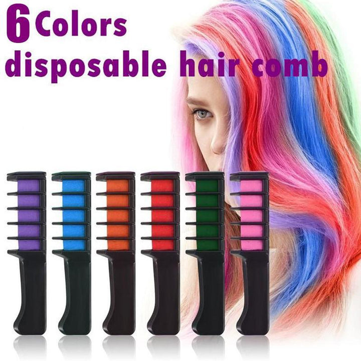 Set of six colorful disposable hair combs with a person with multicolored hair in the background.