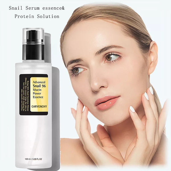 Carvenchy snail serum essence bottle with a model touching her face on a white background