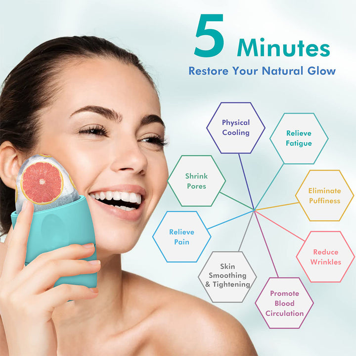 Woman using a skincare device with text on a light blue background