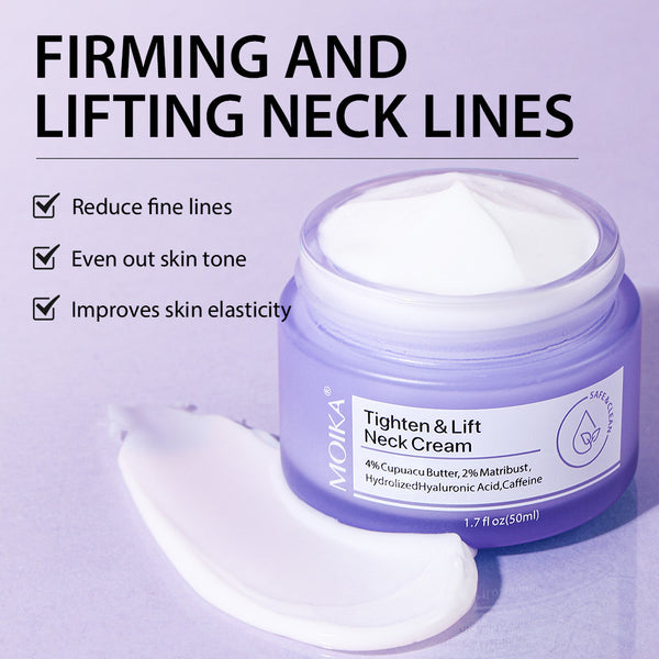 Jar of neck cream with text highlighting its benefits on a purple background