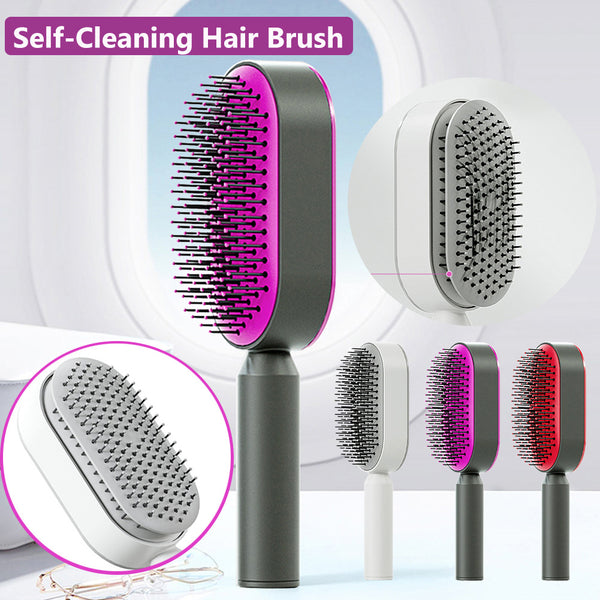 Self-Cleaning Hair Brush with pink bristle heads on a white background