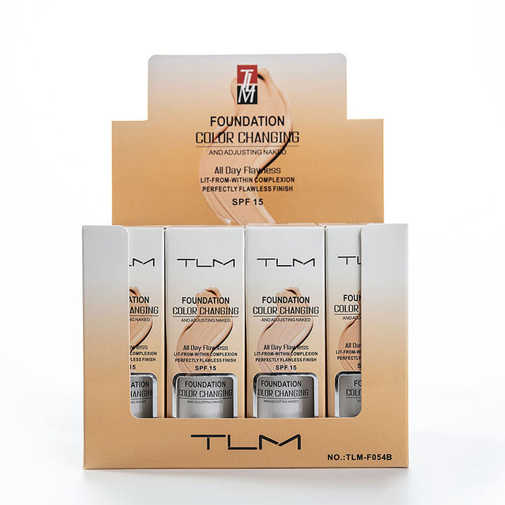 TLM foundation color-changing packaging with visible bottles inside