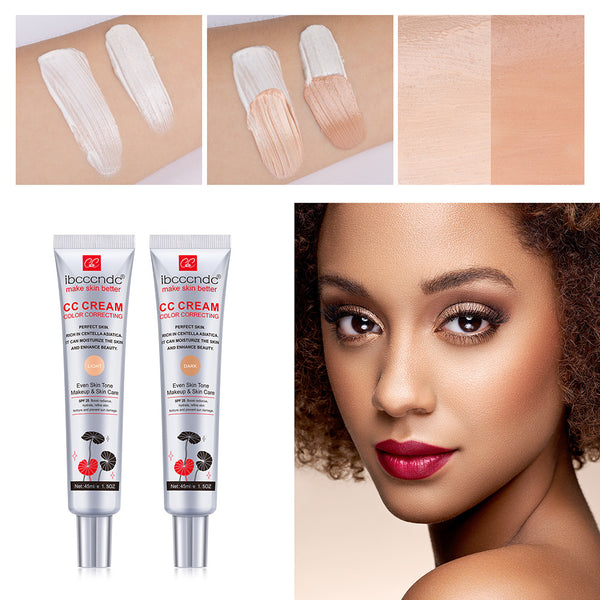 Iboca CC Cream with application samples and a model wearing the cream.
