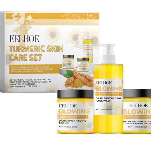 Eelhoe turmeric skin care set with packaging and products on a white background