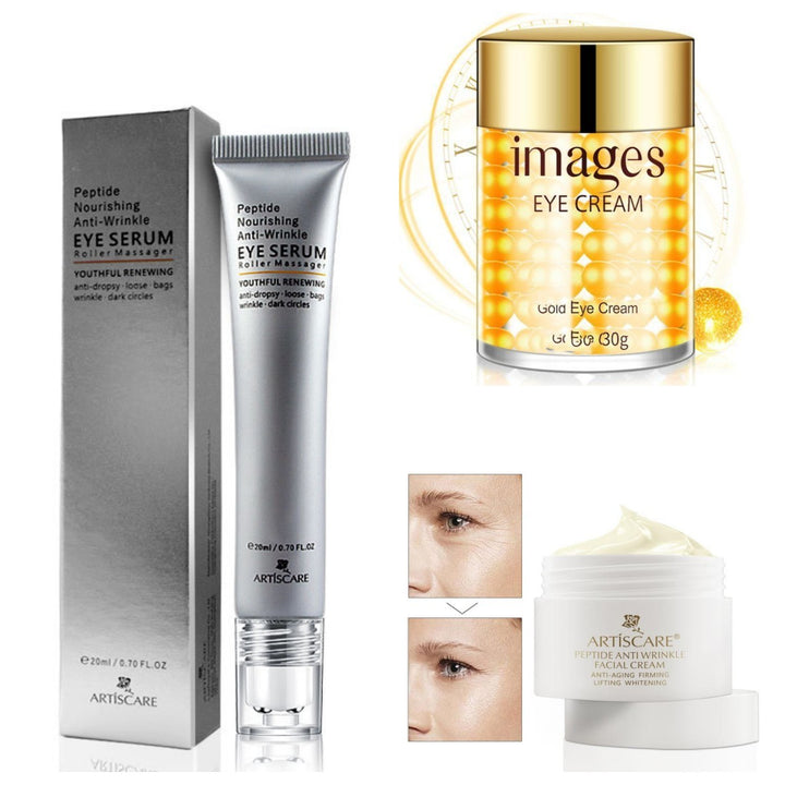 Collage of skincare products including eye serum, eye cream, and facial cream with packaging on a white background.
