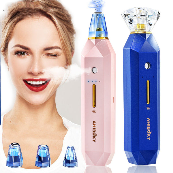 Woman using a facial steamer with pink and blue devices labeled 'AHIBOKY' on a white background.