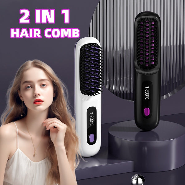 2-in-1 hair comb with digital display and woman with styled hair