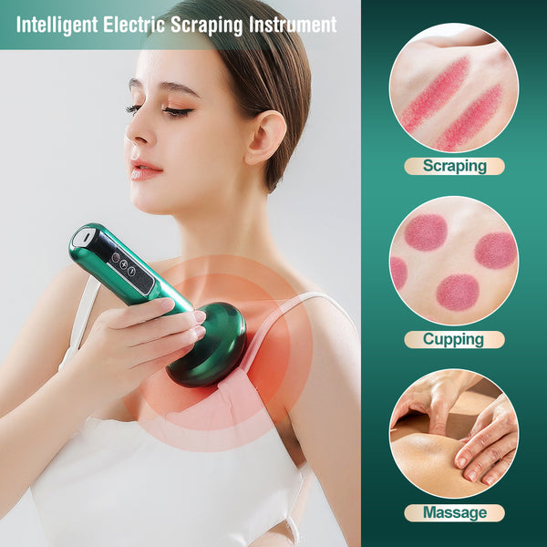 Woman using an intelligent electric scraping instrument on her shoulder with illustrations of scraping, cupping, and massage.