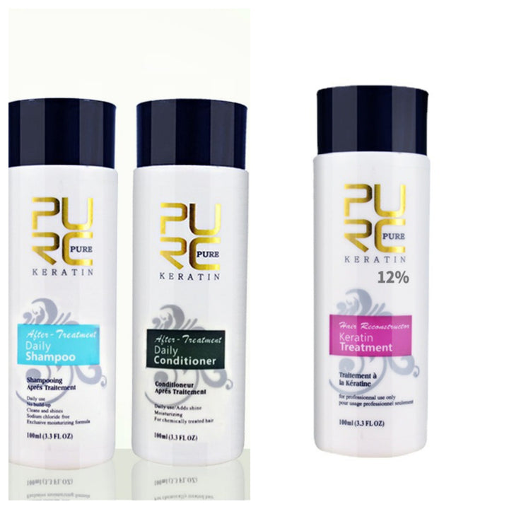 Pure Keratin hair care set featuring daily shampoo, conditioner, and 12% keratin treatment for healthy hair.