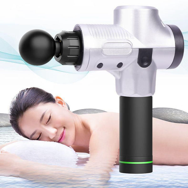 Woman receiving massage therapy with a handheld massage gun on a white background