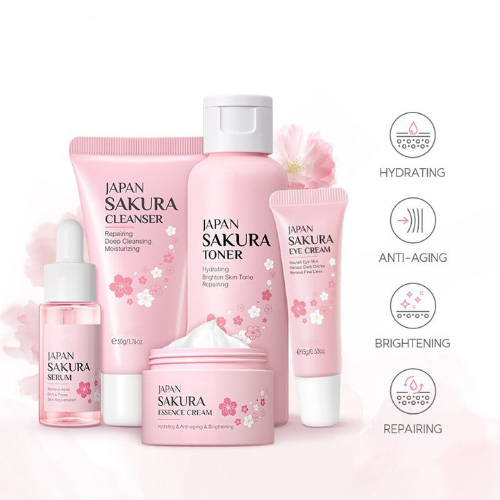 Set of Japan Sakura skincare products on a light pink background with icons indicating benefits.