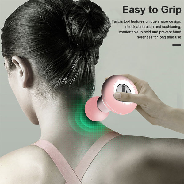 Person using a pink fascia tool on their neck with text about its features.