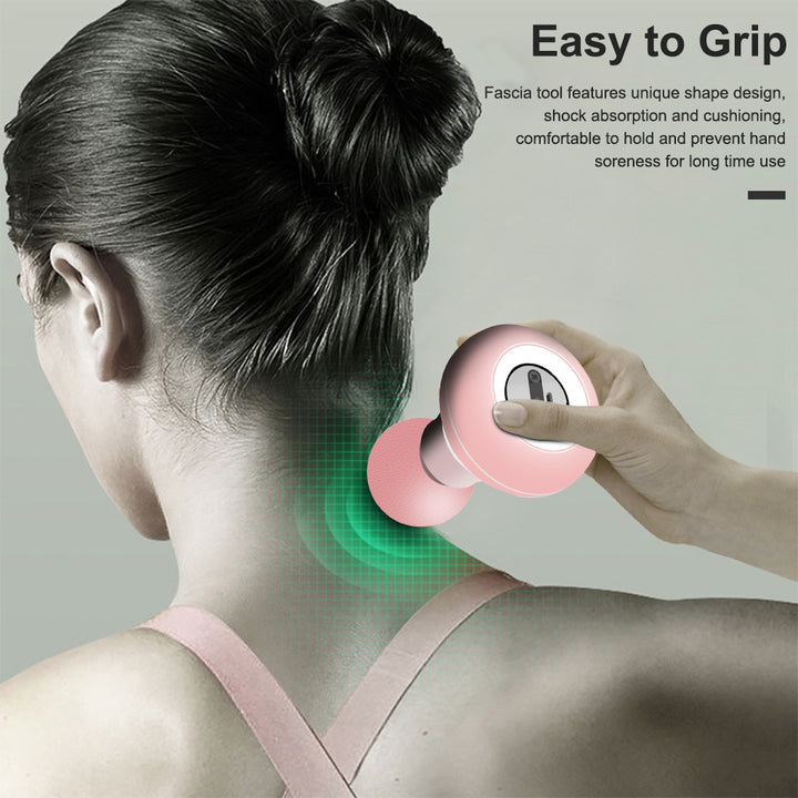 Person using a pink fascia tool on their neck with text about its features.
