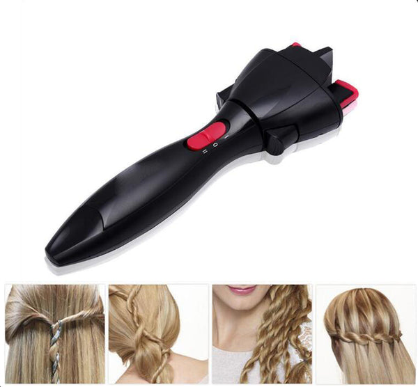 Hair styling tool with red button on a white background, showing before and after hair braid images.