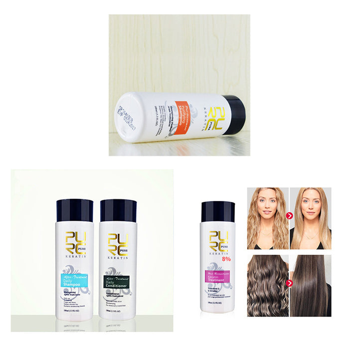 Serelivia's Brazilian Keratin Hair Treatment set, including shampoo and before-after hair transformation images.