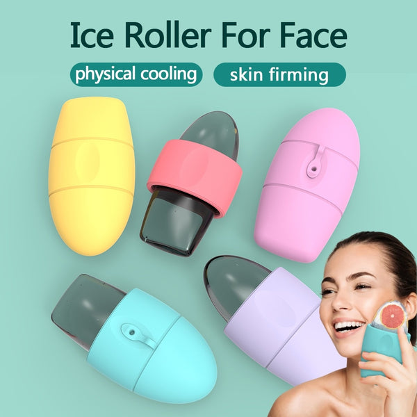 Ice roller for face with colorful options and a woman using it on a light green background.