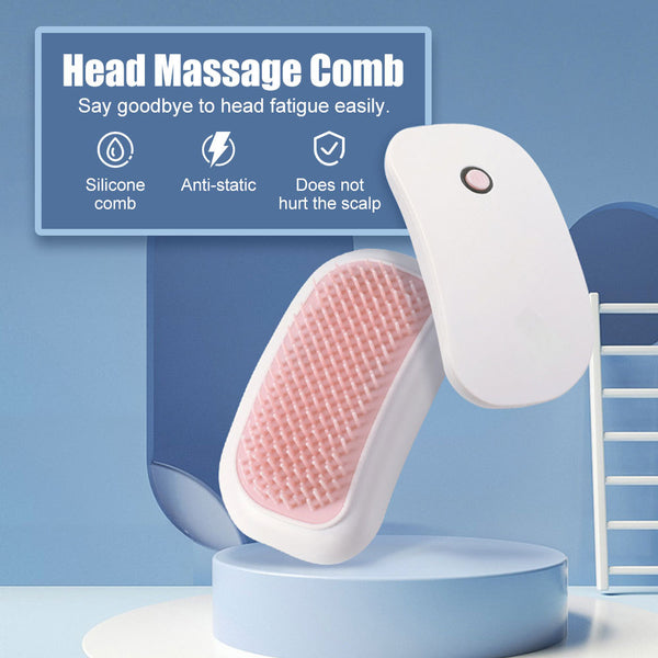 Head massage comb with silicone comb and anti-static features on a blue background